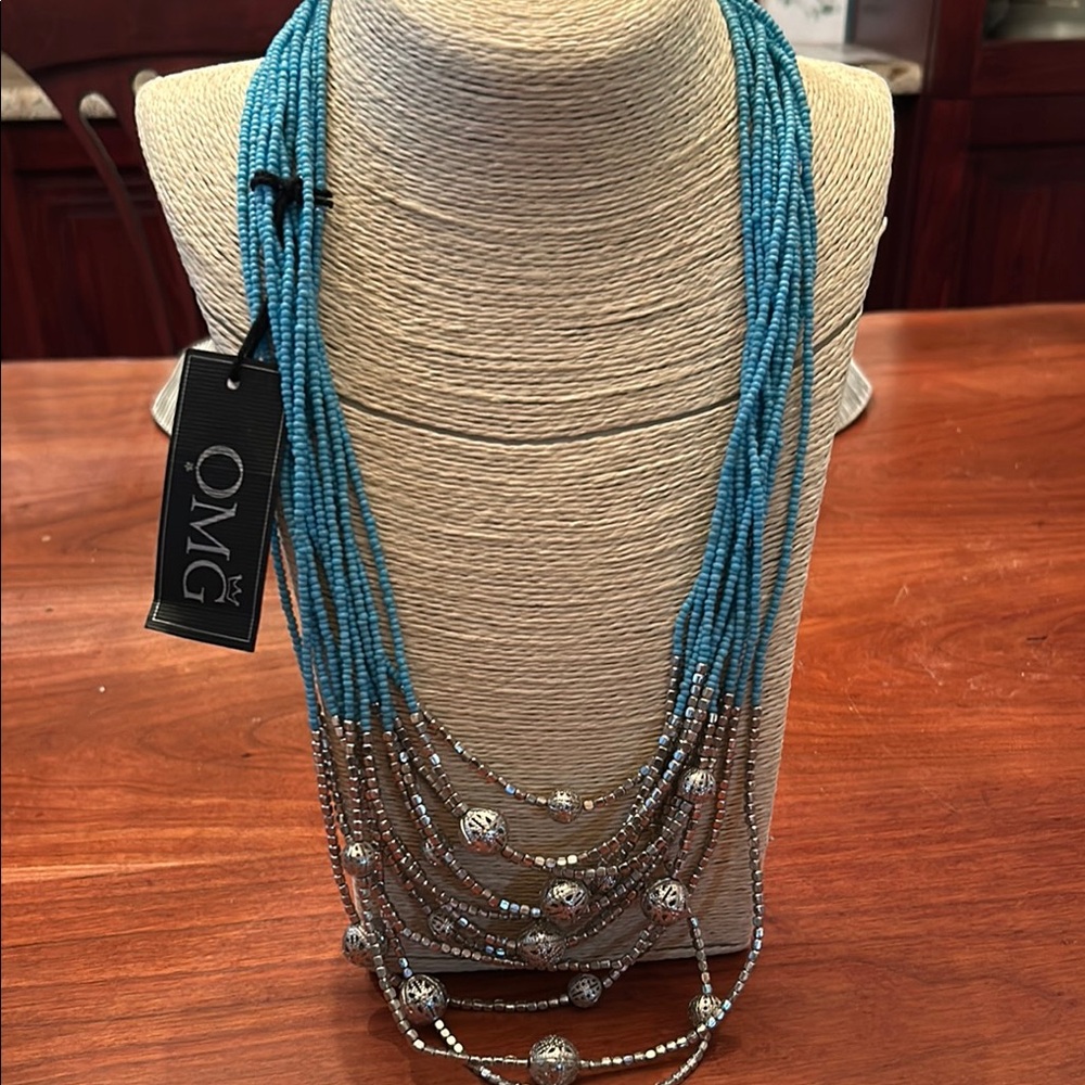 OMG multi-strand necklace faux turquoise seed beads silver boho festival